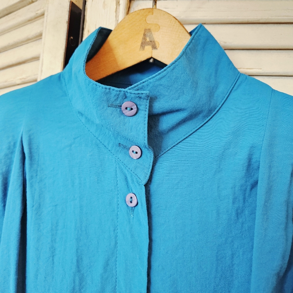 Vintage 80s Teal Blue High Neck Blouse With Gathered Shoulders Small/Medium - Picture 2 of 11